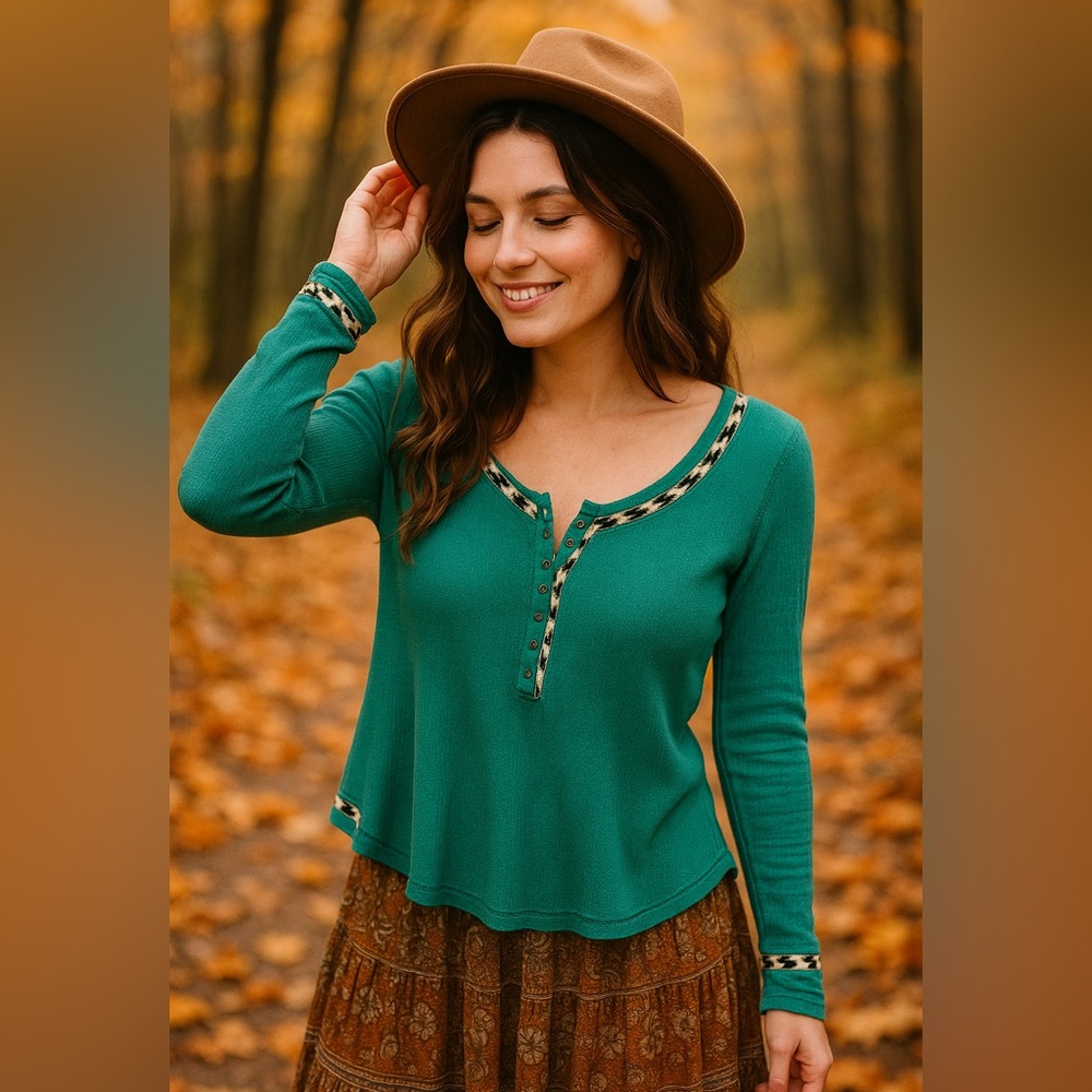 We The Free Free People Women’s Small Green Waffle Southwest Henley Thermal Boho